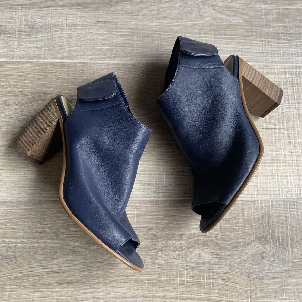 Steve Madden Womens $109 Blue Leather Heeled Open Toe Bootie Nonstop Sz 6.5